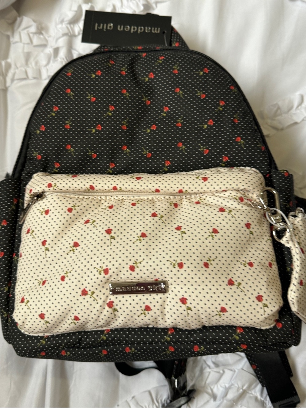 Madden Girl Cream and black Polka Dot Backpack with Red Rose Print